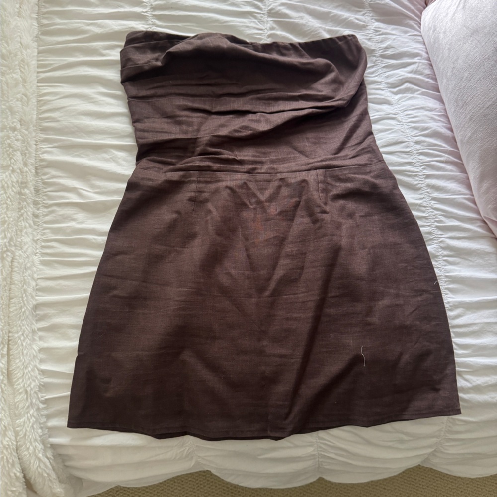 SNDYS Strapless Brown Linen Blend Dress